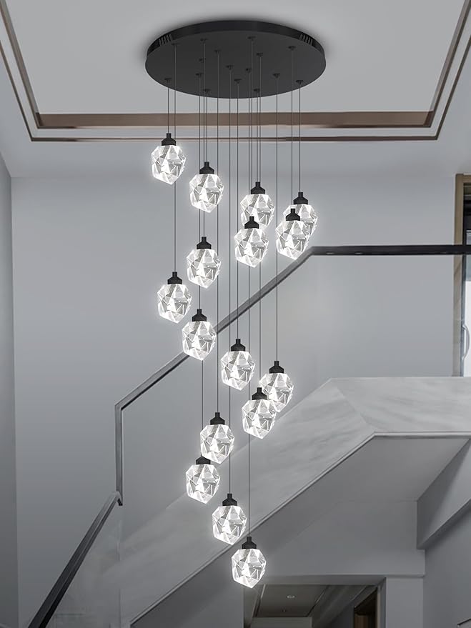 16-Lights Black Spiral Staircase Crystal Chandeliers 130 inch Long Chandelier High Foyer Ceiling Chandelier LED Dimmable 3000-6000K