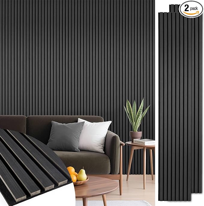 Acoustic Wood Slat Panels 2 Pack 106" x 12.6", Soundproof Wooden Wall Panels, 3D Fluted Panel for Interior Wall Decor, Living Room, Bedroom - Black (Cover Approx. 19 sq.ft)