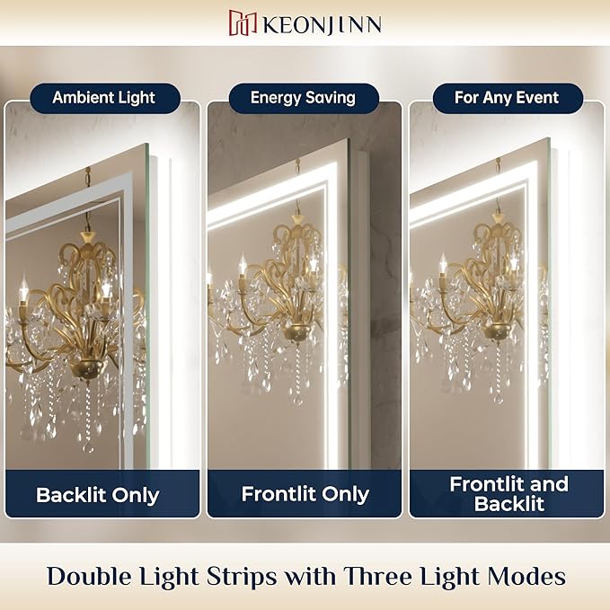 Keonjinn Bathroom LED Mirror 30 x 30 Inch Frontlit and Backlit, Tempered Glass Stepless 3 Colors Temperature & Dimmable Square Wall Mirror, UL Listed LED Driver, Double LED Strips, Anti-Fog Mirrors