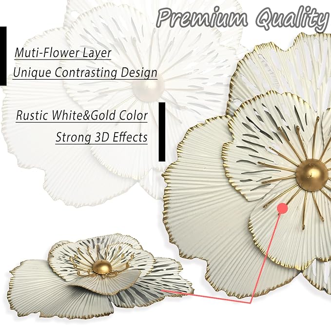 10" Metal Flower Wall Art Decor, Rustic Modern Floral Sculpture, Distressed Iron Wall Hanging Home Decoration Accent Artworks for Indoor Kitchen Bedroom Living Office Outdoor Garden Patio (36A-White)