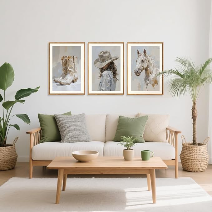 CHDITB Western Cowgirl Framed Canvas Wall Art Set, Farmhouse Wall Decor, Highland Horse Boots Artwork Painting,Vintage Country Hat Art Prints for Living Room Girls Dorm Bedroom Apartment-16 x24 x3