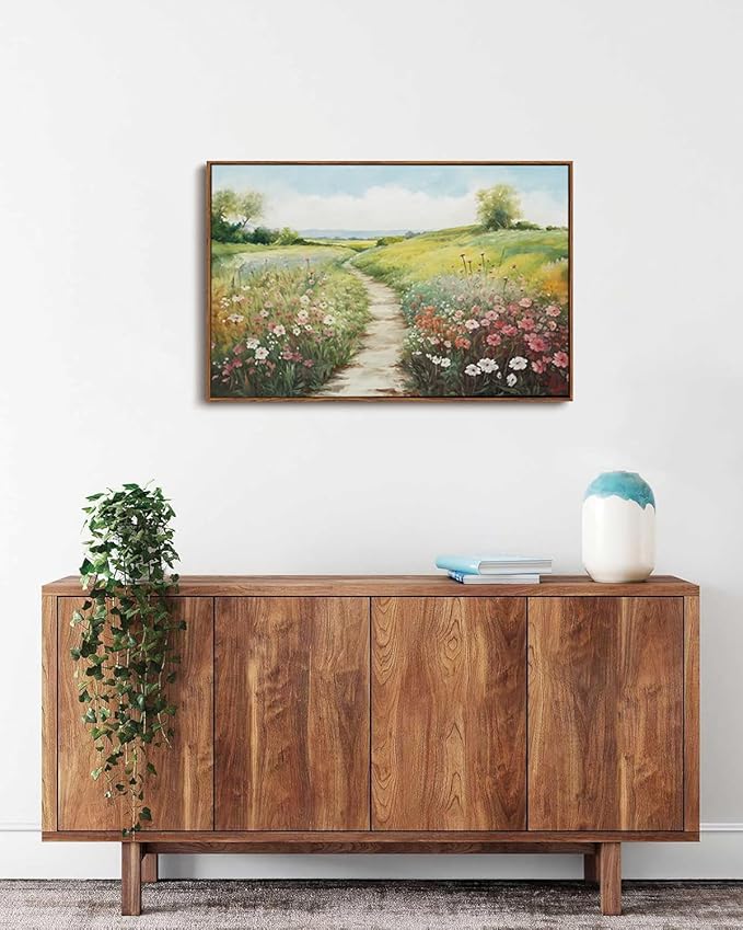 KISSFOX Vintage Framed Wall Art Decor Modern Farmhouse Spring Landscape Pictures Paintings Wall Decor Rustic Wildflower Canvas Art Prints Nature Countryside Artwork For Bedroom Kitchen Living Room