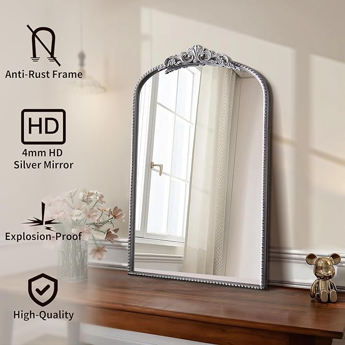 Micasso Vintage Arched Silver Mirror: 31"x19" French Baroque Antique Mirror - Traditional Ornate Decorative Mirrors for Wall/Bathroom/Entryway/Fireplace/Hallway - Home Decor for Living Room