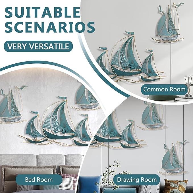 3 PCS Metal Wall Art, Large Metal Sailboat Wall Decor, Modern Home Wall Sculpture for Office, Bedroom, Living Room, Dining Room