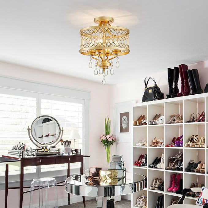 Crystal Ceiling Light Fixture, Farmhouse Semi Flush Mount Ceiling Light, Gold Crystal Chandeliers for Dining Room Light Fixture, Hallway Lighting Fixtures for Kitchen Bedroom Bathroom Foyer Entryway