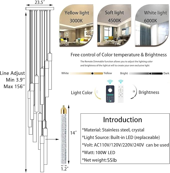 156in Long Light 20-Lights Chandeliers for Entryway LED Dimmable Chandeliers Lighting Fixture Modern Flat Sloped High Ceiling Pendant Lights Crystal Drop Light for Living Room Foyer Hallway Staircase