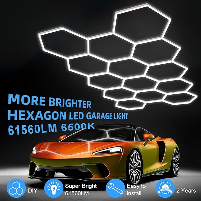 MODERN 14 Hexagon LED Garage Light 6500K, 61560 Lumens, Honeycomb Design, 14-Grid System, Octagon Shop Light for Workshop, Gym, Warehouse & Car Wash (White, 57-Pack)
