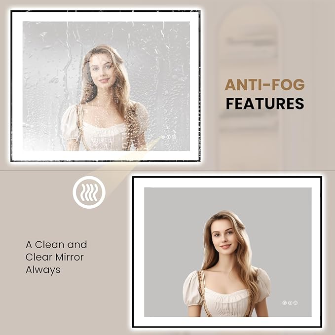 LOAAO 40"X32" LED Bathroom Mirror Black Framed, Anti-Fog, Dimmable, Lighted Bathroom Vanity Mirror for Wall, Memory Function, Tempered Glass