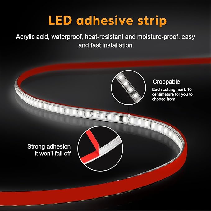 AC 120V Adhesive LED Strip Lights 5M Cold White with US Plug 16.4 Foot Tape Lighting SMD 2835 Flexible LED Strips 120 LEDs/M LED Lights for Indoor Bedroom Under Cabinet(Cold White, 16.4ft)
