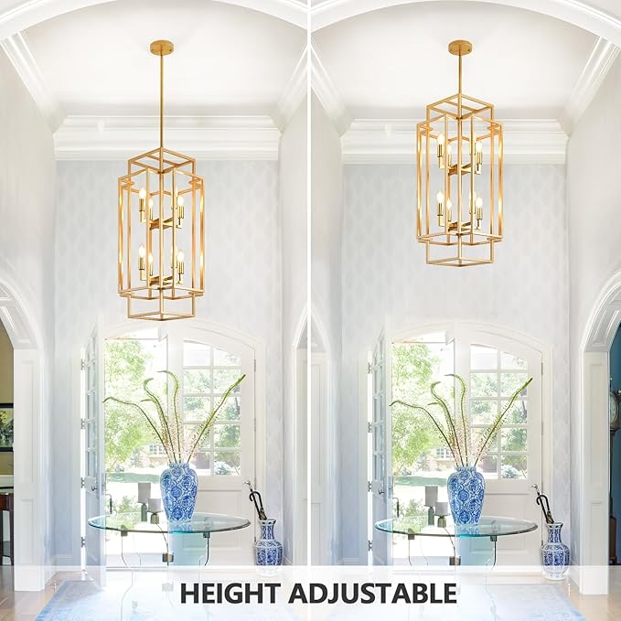 8-Light Gold Chandelier, Modern Foyer Lighting Fixtures, 31.5" Farmhouse Lantern Pendant Light, Industrial Large Chandeliers for High Ceilings, for Living Room,Staircase,Hallway