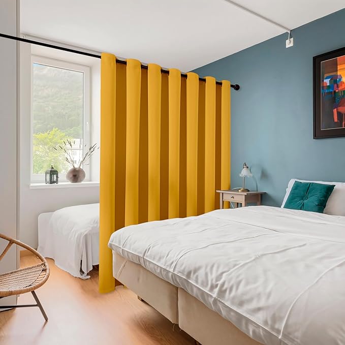 ChrisDowa Room Divider Curtain 120 Inches Long, Wide Blackout Sliding Door Curtain for Bedroom, Room Darkening Privacy Window Curtain for Patio Door (1 Panel Set, Mustard Yellow, 100 x 120 Inch)