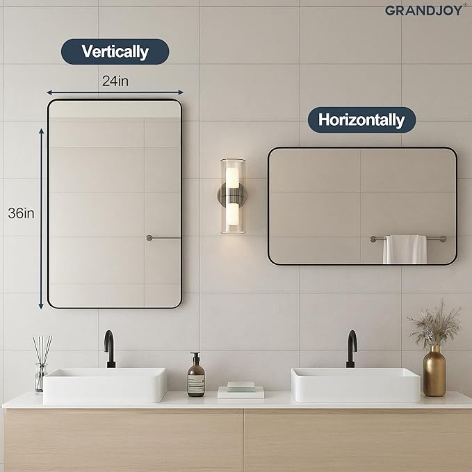 24x36 Inch Bathroom Mirrors Set of 2 for Wall, Black Vanity Mirror for Over Sink, Modern Farmhouse, Rounded Corner, Shatterproof Glass