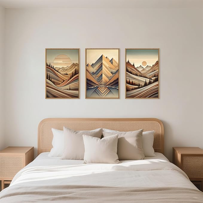 Large Vintage Woodcut Style Mountain Framed Canvas Wall Art,Mid Century Woodland Wall Decor,Boho Sunrise Forest Artwork,Modern Neutral Nature Art Print for Living Room,Bedroom,Office- 24"x36"x3