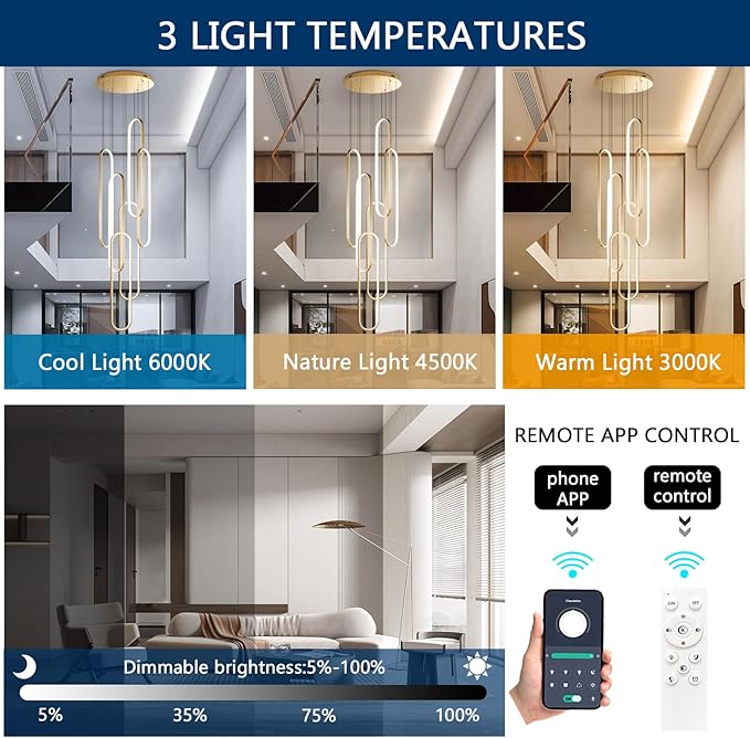 6-Rings Modern Chandelier, LED Gold Large Contemporary Light for Staircase, Dimmable Flush Mount High Ceiling Chandeliers with Remote Control for Villa Foyer