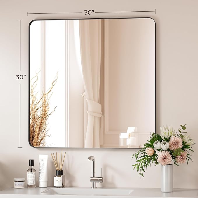 Black Bathroom Mirror 30X30 Inch Bathroom Vanity Mirror for Wall, Metal Frame Large Mirror, Tempered Glass, Modern Wall Mirror for Bathroom, Farmhouse, Horizontally or Vertically Hanging