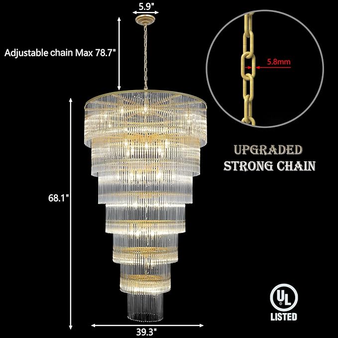 Large Gold Chandeliers H68 Modern High Ceiling Chandelier 7-Tier Glass Chandelier Foyer Entryway Ceiling Light Fixture for Staircase Grand Living Room Entry Extra Long