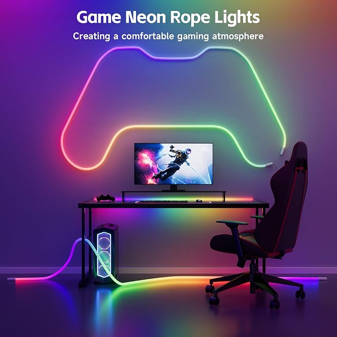 LED Rope Lights, 13.1ft Neon LED Lights Strip with 360 Degree Luminous, 5V USB Flexible IP67 Waterproof Music Sync Remote APP Control Gaming Lights Accessories for Bedroom Outdoor Décor