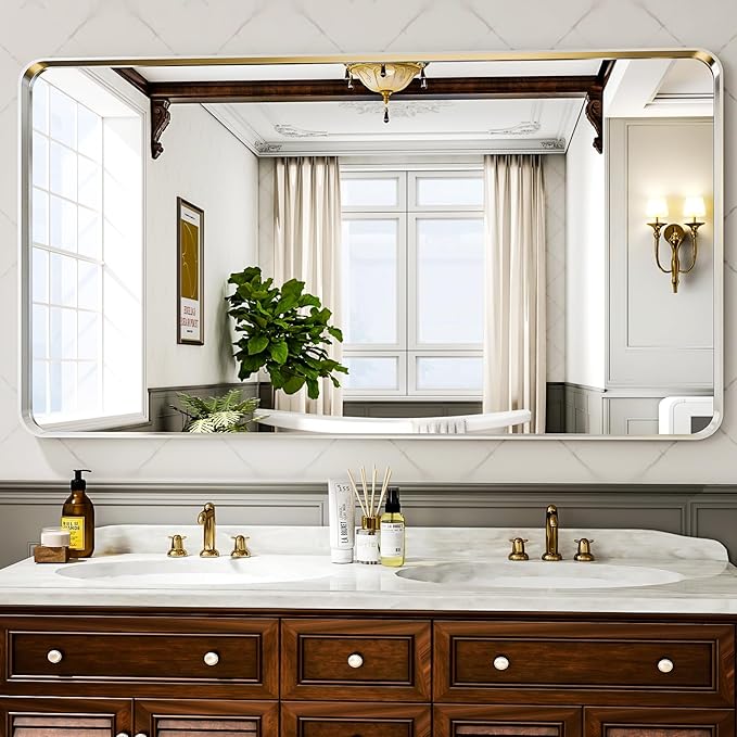 55"x 30" Silver Bathroom Mirror - Aluminum Framed Wall Mirror, Bathroom Wall Mounted Vanity Mirror, Bedroom, Living Room Wall Mirror, Hang Horizontally or Vertically