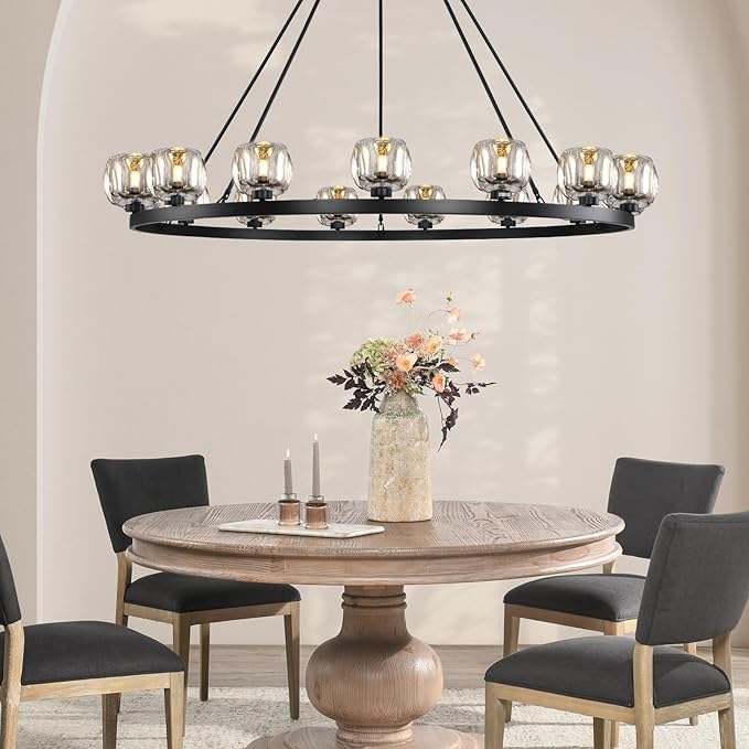 Black Wagon Wheel Chandelier, 59 Inch Black Chandeliers with Unique Glass Shade, 15-Light Crystal Large Wagon Wheel Chandeliers for Dining Room, High Ceiling Round Chandelier for Living Room, Foyer