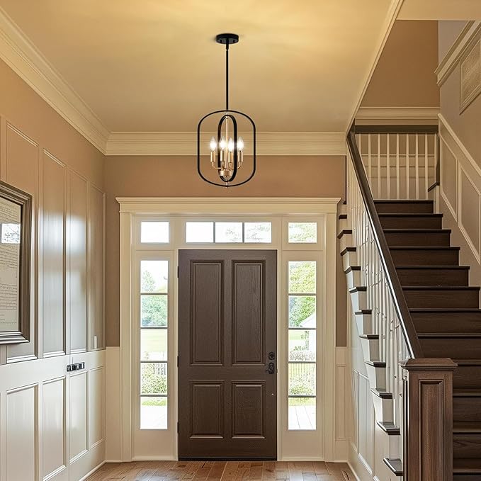 Black and Gold Chandelier Light Fixture, 4-Light Dining Room Chandelier Over Table Farmhouse Rustic Small Entryway Chandeliers Island Pendant Lights for Kitchen Entryway Foyer Living Room