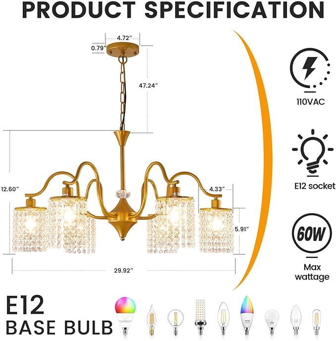 30" Gold Chandelier, 6-Light Dining Room Light Fixture, Modern Kitchen Island Light Fixtures, Farmhouse Foyer Lighting Fixtures, Hanging Crystal Chandeliers for Living Room, Bedroom, Foyer, Entryway