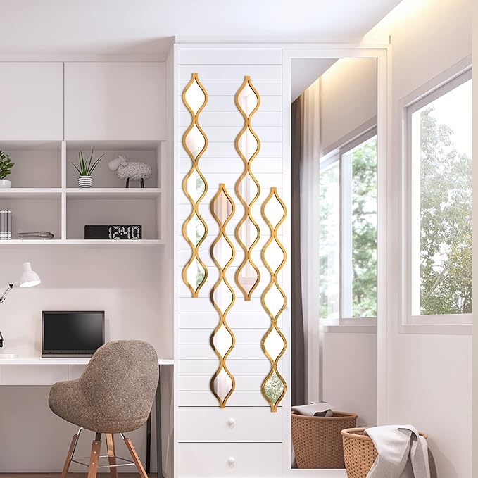 Qunclay Teardrop Mirror Wall Art Decorative Mirror Wall Decor Long Narrow Hanging Art for Apartment Living Room Bathroom Bedroom Entryway(Gold,4 Pcs)