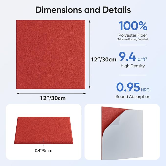 12 Pack 12" X 12" X 0.4" Acoustic Panels for Wall Sound Absorbing, Square Self-Adhesive Sound Panel, High Density Suitable for Multiple Scenarios(Cherry Red)