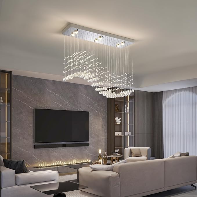 Modern Silver Crystal Raindrop Chandelier: 31.5" Rectangle Dimmable Lighting with Remote - Contemporary Chrome Wave Ceiling Light for Kitchen Dining Room Living Room Staircase Foyer Entryway Bedroom