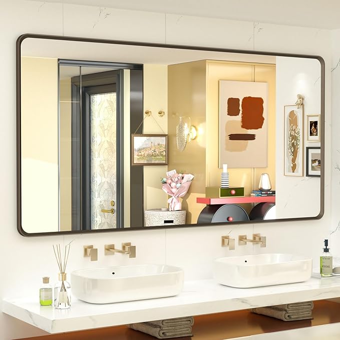 OKPAL 55x30 Bronze Bathroom Vanity Mirror for Wall, Large Bronze Brushed Metal Framed Mirror, Rounded Rectangle Bathroom Mirror, Shatterproof, Anti-Rust (Horizontal/Vertical)