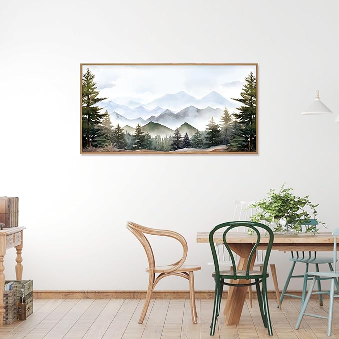 KAIRNE Framed Mountain Canvas Wall Art Set, Misty Forest Wall Decor, Green Pine Tree Wall Painting, Nature Widerness Landscape Art Print for Living Room, Bedroom, Study, Gallery - Large Size 20"x40"