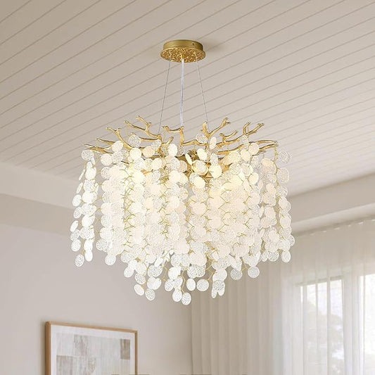 18-Inch Coastal Chandelier, 6-Light Gold Tree Branch Chandelier, Modern Foyer Bedroom Chandeliers with Adjustable Height, Round Crystal Pendant Light Fixtures for Entryway Dining Room, E12