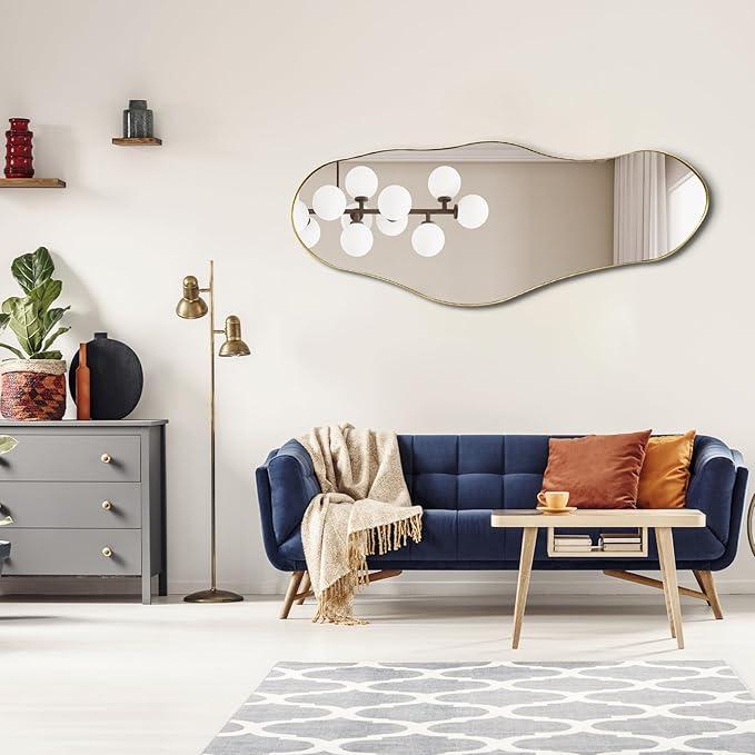 Large Asymmetrical Mirrors, Gold Irregular Shaped Mirror, 55"x22" Abstract Wall Mirror Decorative, Modern Funky Mirrors for Living Room Bathroom Bedroom Hallway Entryway Fireplace