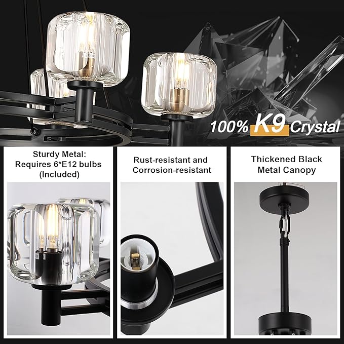 Black Round Crystal Chandelier, 36" K9 Crystal Chandeliers for Dining Room Over Table, Wagon Wheel Chandeliers for Dining Room,Living Room,Foyer,Includes 6XE12 Bulbs