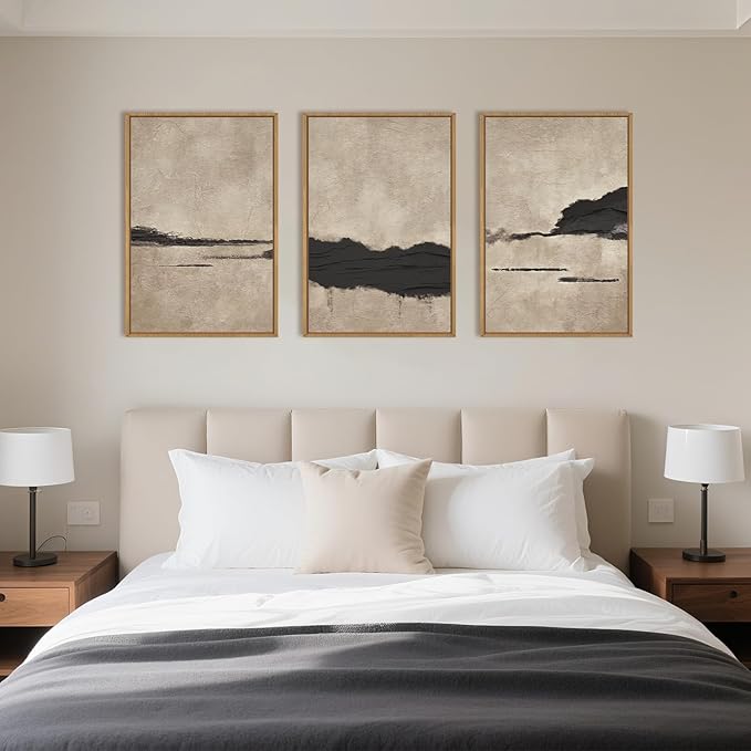 Large Abstract Black and Tan Framed Canvas Wall Art,Vintage Minimalist Wall Decor,Neutral Brush Stroke Artwork,Modern Textured Art Print for Living Room,Bedroom,Office- 16"x24"x3