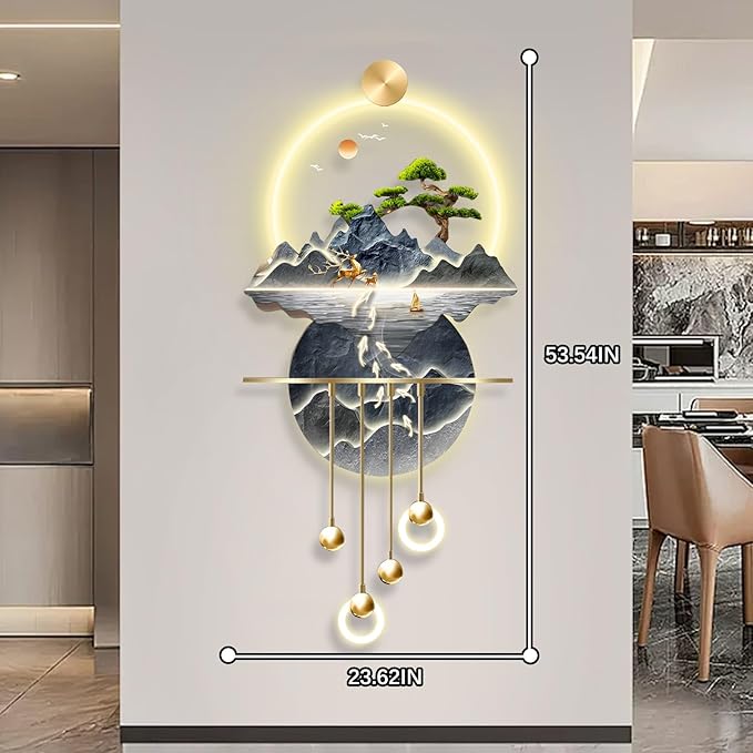 23.64x53.54IN 3D Wall Sculptures Hanging with Led Light Modern Art Deco Lighting Wall Art Decorations Lamp Wall Art Decor with Metal Ball Pendant for Friends(Blue 1)