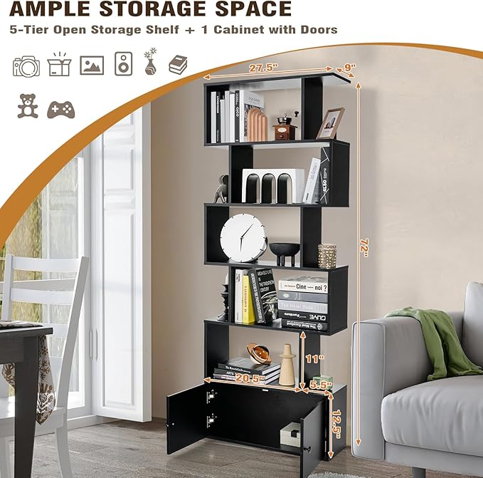 6-Tier Geometric Bookcase, 72” Freestanding Room Divider Bookshelf with Open Display Shelves & Multi-use Storage Cabinet, Wood S-Shaped Storage Organizer for Living Room, Bedroom & Home Office