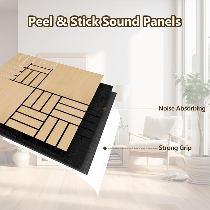 4 Packs Acoustic Wall Panels - Self-Adhesive 3D Wood Slat Wall Panel- Peel and Stick Sound Absorbing Panels for Noise Reducing - Feature Wall Decor for Home & Office