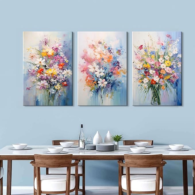 Colorful Flower Canvas Wall Art Daisy Poppy Wall Decor for Bedroom Living Room Abstract Floral Bouquet Pictures Prints Nature Wildflower Posters Modern Artwork Bathroom Home Decorations 24x36” 3 Piece