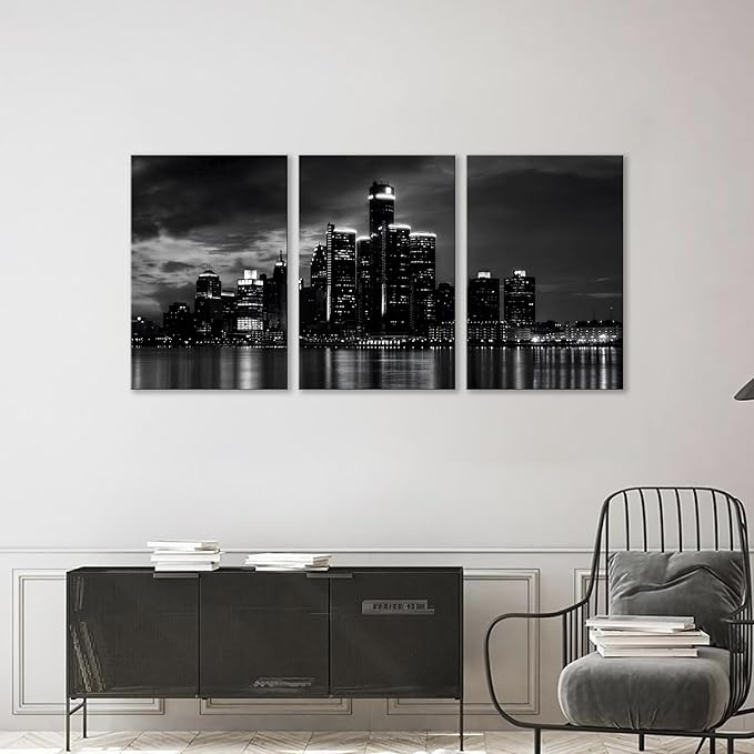 NAN Wind 3 Pcs Detroit Skyline Canvas Wall Art Cityscape Night Scene Black and White City Art Print on Canvas Modern Giclee Framed Painting for Room Decor Home Decor Detroit Skyline Picture Prints