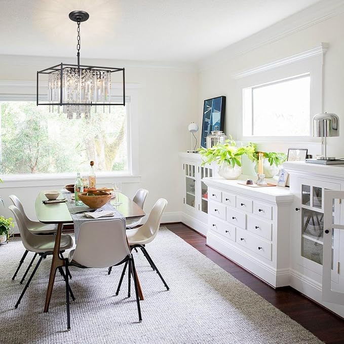 4-Lights Black Farmhouse Chandelier, 19.7 inch Industrial Crystal Chandelier Metal Pendant Light for Kitchen Island Dining Room Living Room