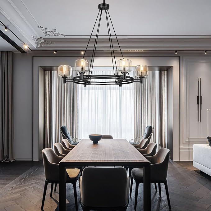 Black Round Crystal Chandelier, 36" K9 Crystal Chandeliers for Dining Room Over Table, Wagon Wheel Chandeliers for Dining Room,Living Room,Foyer,Includes 6XE12 Bulbs