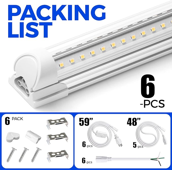 Barrina T8 LED Shop Light, 6FT 60W 8500LM 5000K, Clear Cover Linkable Garage Lights, V-Shape LED Light Fixture, Shop Lights for Garage, Warehouse, Workshop, Basement, ETL Listed, 6 Packs