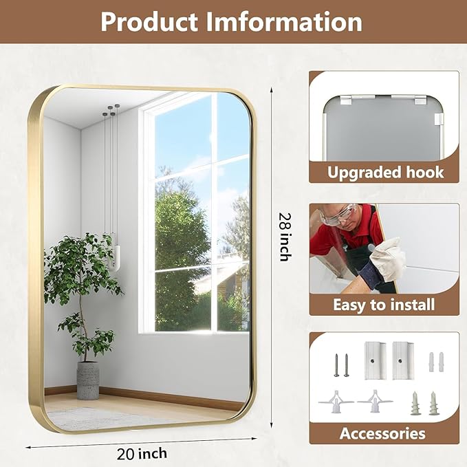 20x28 Inch Gold Bathroom Mirror, Brushed Brass Gold Metal Framed Rectangular Mirror with Rounded Corner, Bathroom Vanity Mirror for Bedroom or Living Room, Horizontal/Vertical