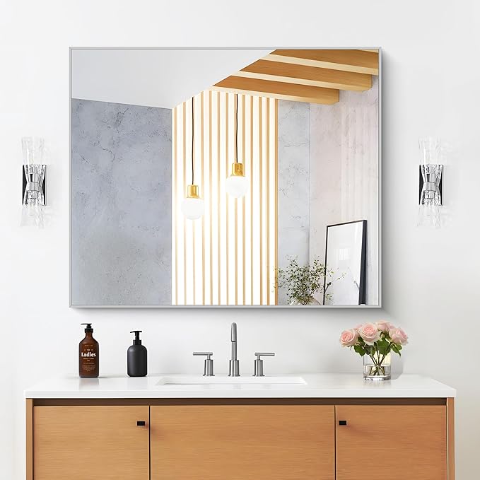 30" x 36"Bathroom Mirror, Silver Rectangle Corner Wall Mirror with Metal Frame, Decorative Rectangular Vanity Mirror for Bedroom Bathroom Living Room Entryway (Horizontal/Vertical)