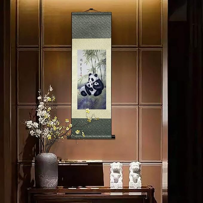AtfArt Asian Wall Decor Beautiful Silk Scroll Painting Chinese Panda National Treasure Oriental Decor Chinese Art Wall Scroll Wall Hanging Painting Scroll (36.2 x 12 in)