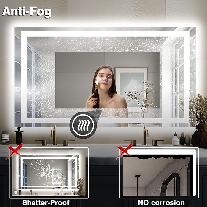 55"x30" LED Bathroom Mirror, Front & Backlit, Anti-Fog Vanity Mirror with Dimmable Lights, 3 Colors Smart Mirror (Horizontal/Vertical)