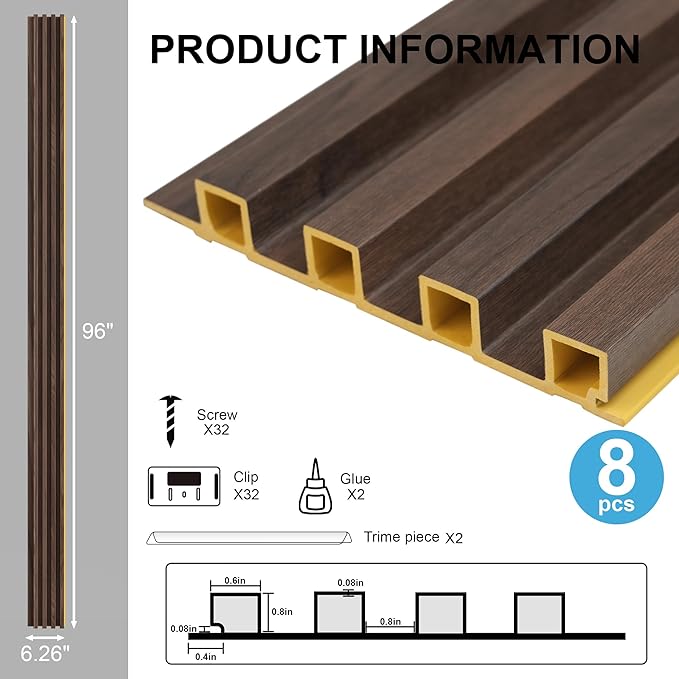 8-Pack WPC Slat Wall Panels - 3D Wall Panels, Water-Proof and Easy Installation, Accent Slat Wall Paneling for Living Room, Office,Walnut, 96 x 6.6 Inch