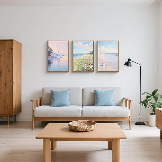 Aryroi Watercolor Coastal Ocean Wildflower Canvas Wall Art,Modern Beach Framed Wall Decor, Large Pink Sailboat Artwork,Dreamy Natural Seascape Art Print for Living Room,Bedroom,Farmhouse-16 x24 x3