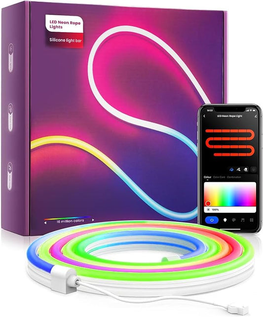 Neon Rope Lights,16.4ft RGB+IC Neon Lights 16 Million Colors Changing, Music Sync, Compatible with Alexa and Google Assistant,IP67 Waterproof Neon Rope Light for Bedroom Indoor Gaming (5M)