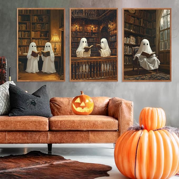 LHIUEM 16”X24”X3-Large Halloween Ghost Framed Wall Art Funny Ghosts Canvas Wall Decor Halloween Gothic Spooky Inspired Cute Ghosts Framed Pictures Vintage Creepy Ghost Artworks for Library Home Office